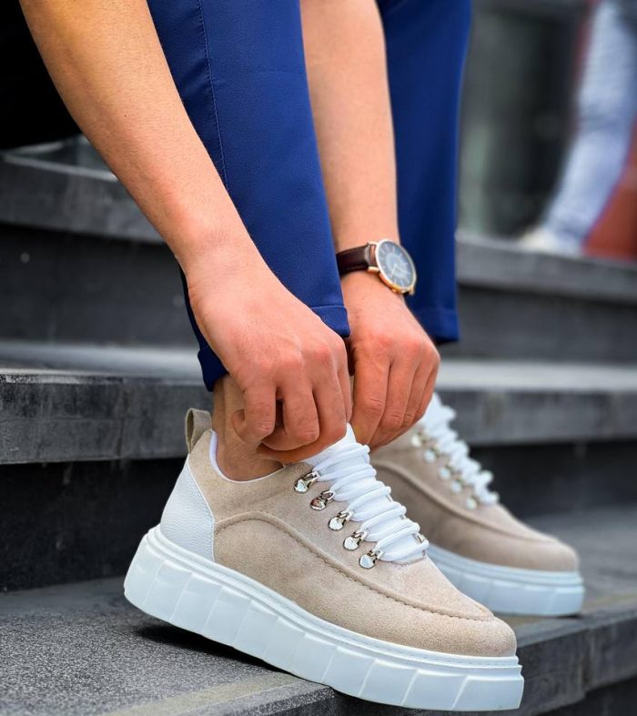 KB-X10 Seykom Bej Süet Beyaz Yüksek Taban Günlük Spor Ayakkabı