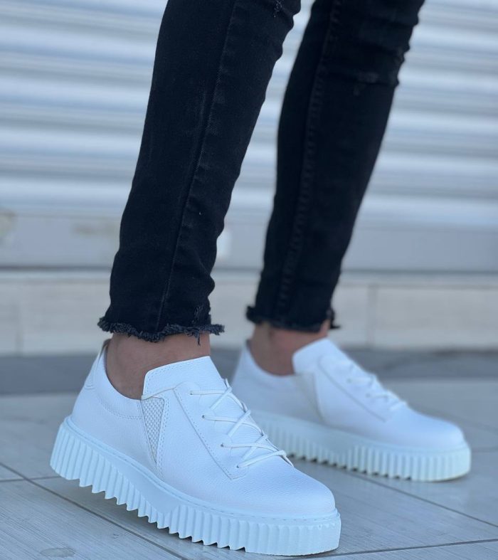 KB-X502 Seykom Beyaz Cilt Yüksek Beyaz Taban Bağcık Detaylı Lastikli Günlük Erkek Ayakkabı