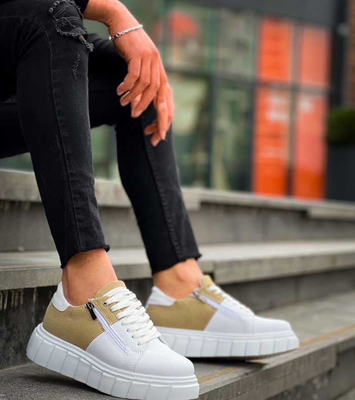 KB-X155 Seykom Beyaz Cilt Bej Süet Detaylı Beyaz Yüksek Taban Günlük Spor Ayakkabı