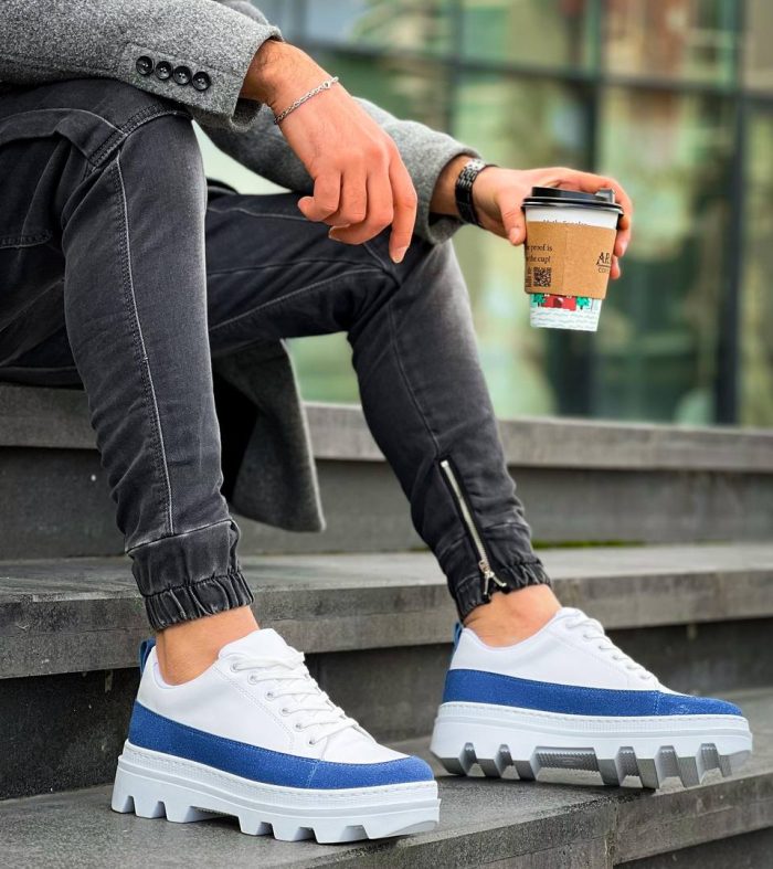 KB-056 Seykom Beyaz Mavi Detaylı Beyaz Yüksek Taban Günlük Spor Ayakkabı