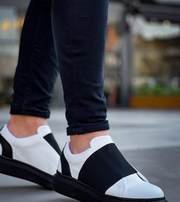 KB-040  Beyaz Cilt Siyah Yüksek Taban Lastikli Günlük Erkek Ayakkabı