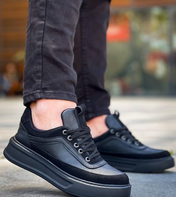 KB-006 Seykom Siyah Cilt Siyah Yüksek Taban Bağcıklı Günlük Erkek Ayakkabı