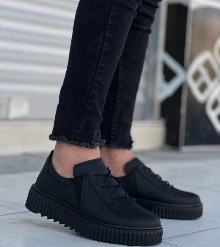 KB-X502 Seykom Siyah Cilt Yüksek Siyah Taban Bağcık Detaylı Lastikli Günlük Erkek Ayakkabı