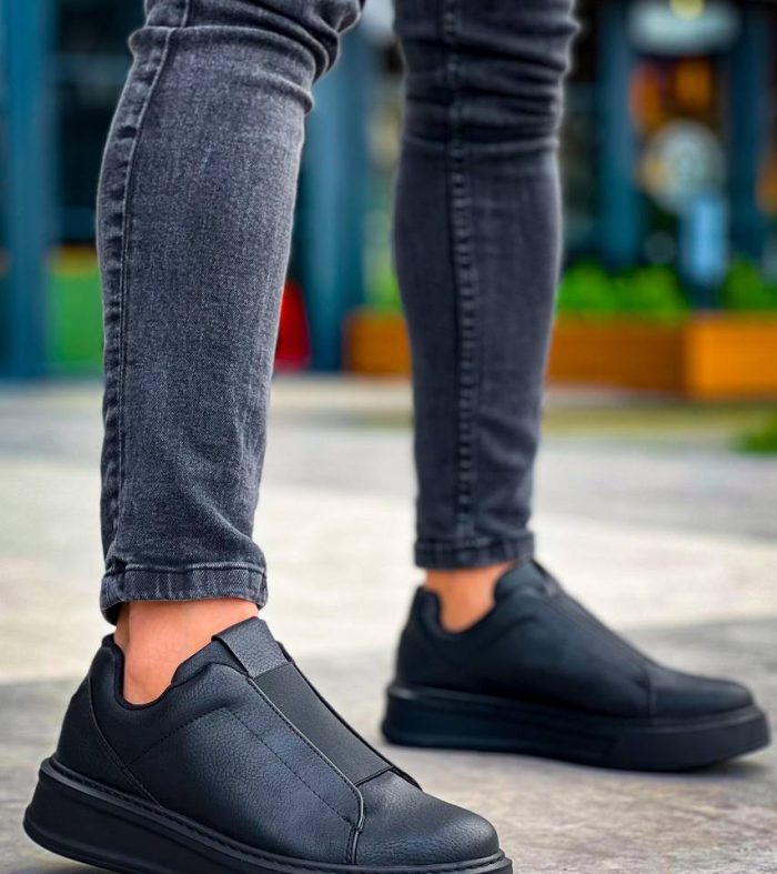 KB-007 Seykom Siyah Siyah Yüksek Taban Tek Bant Bağcıksız Günlük Erkek Ayakkabı