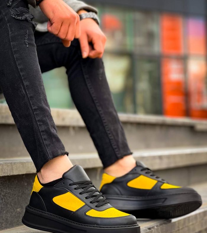 KB-X8 Seykom Siyah Sarı Cilt Yüksek Taban Günlük Spor Ayakkabı