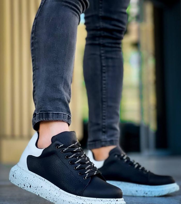 KB-X500 Seykom Siyah Beyaz Yüksek Taban Bağcıklı Günlük Erkek Ayakkabı