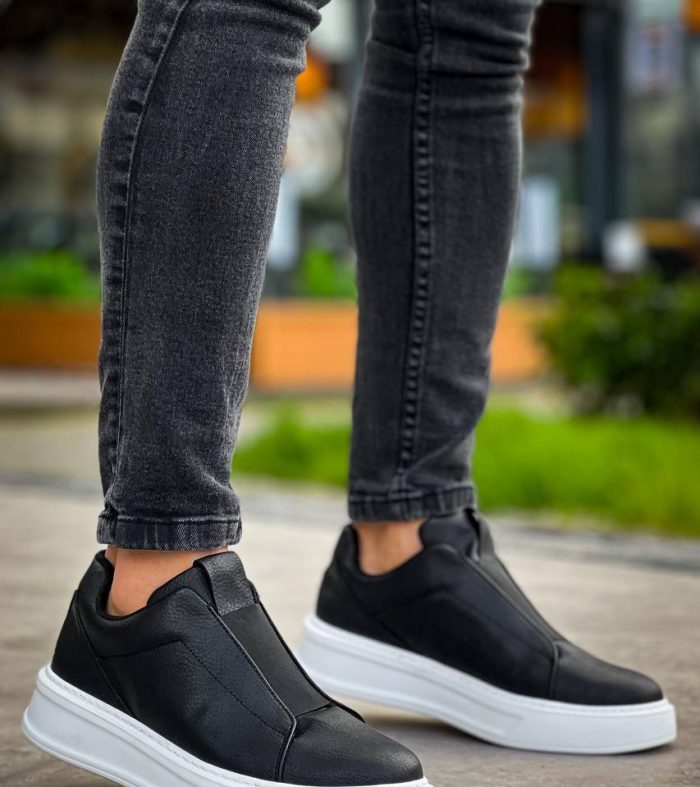 KB-007 Seykom Siyah Beyaz Yüksek Taban Tek Bant Bağcıksız Günlük Erkek Ayakkabı