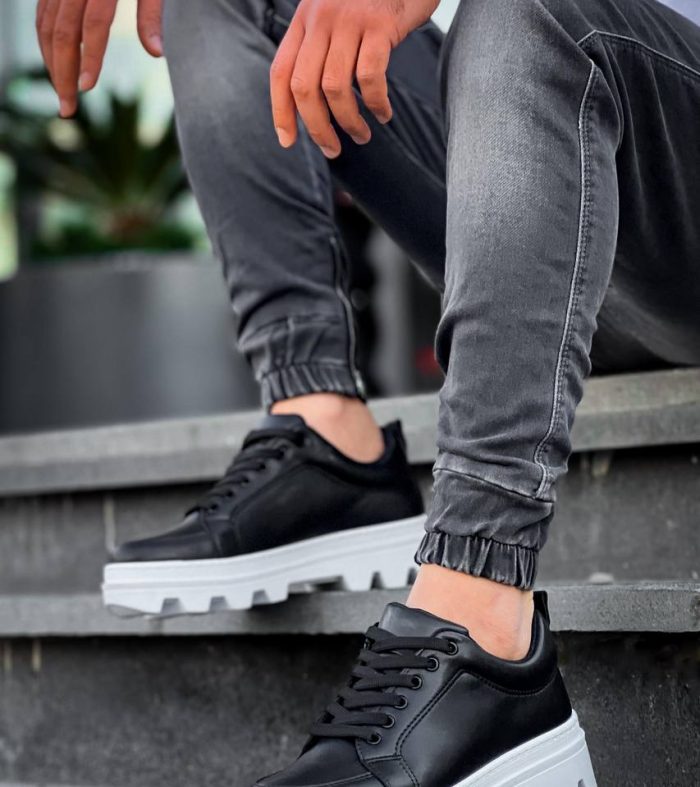 KB-056 Seykom Siyah Cilt Beyaz Yüksek Taban Günlük Spor Ayakkabı