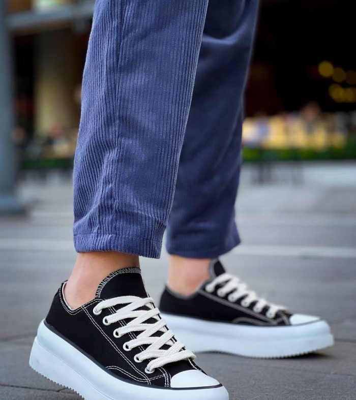 KB-CX-3 Seykom Kısa Siyah Keten Beyaz Yüksek Taban Spor Ayakkabı