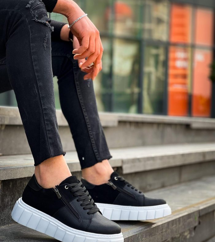 KB-X155 Seykom Siyah Cilt Siyah Süet Detaylı Beyaz Yüksek Taban Günlük Spor Ayakkabı