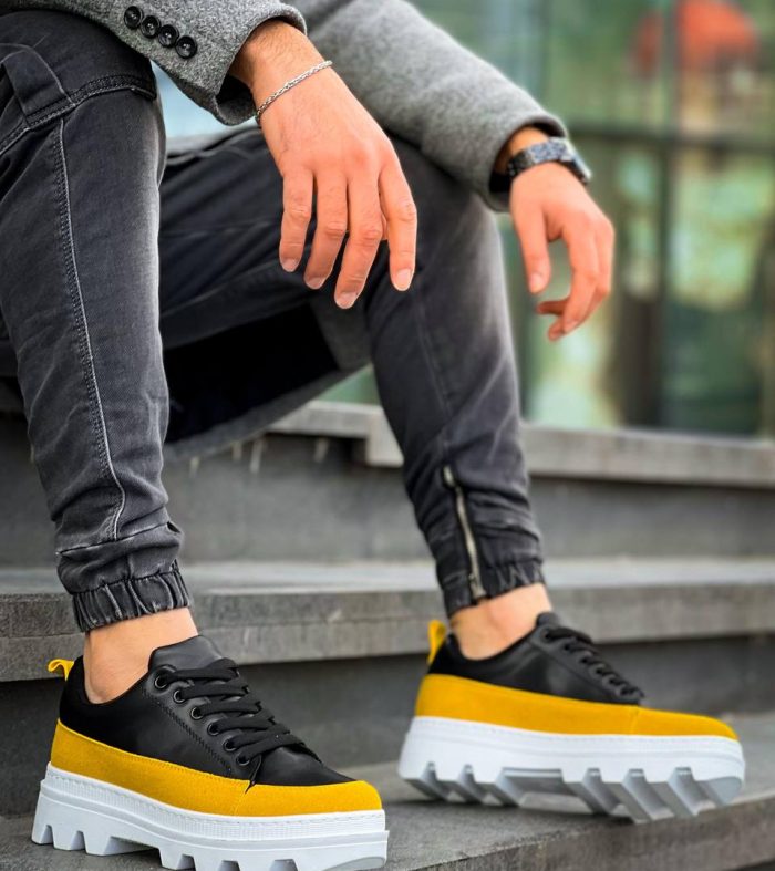 KB-056 Seykom Siyah Sarı Detaylı Beyaz Yüksek Taban Günlük Spor Ayakkabı