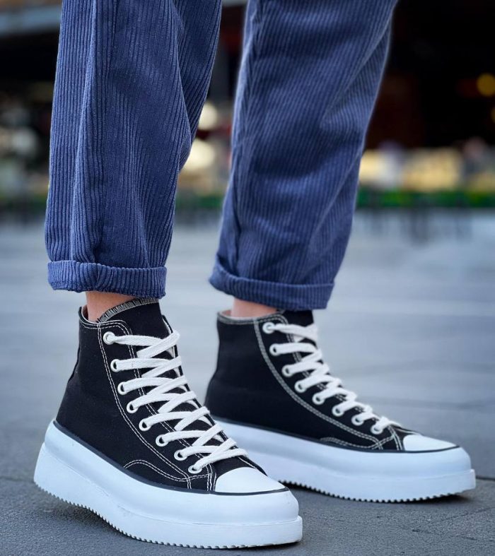 KB-CX-3 Seykom Uzun Siyah Keten Beyaz Yüksek Taban Spor Ayakkabı